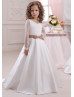 V Neck Long Sleeves Lace Satin Sweet Flower Girl Dress 